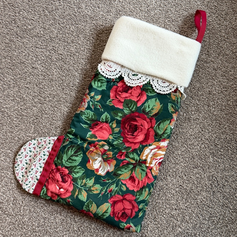 Vintage Handmade Cottage Core Floral Quilted Lace Trimmed Christmas Stocking